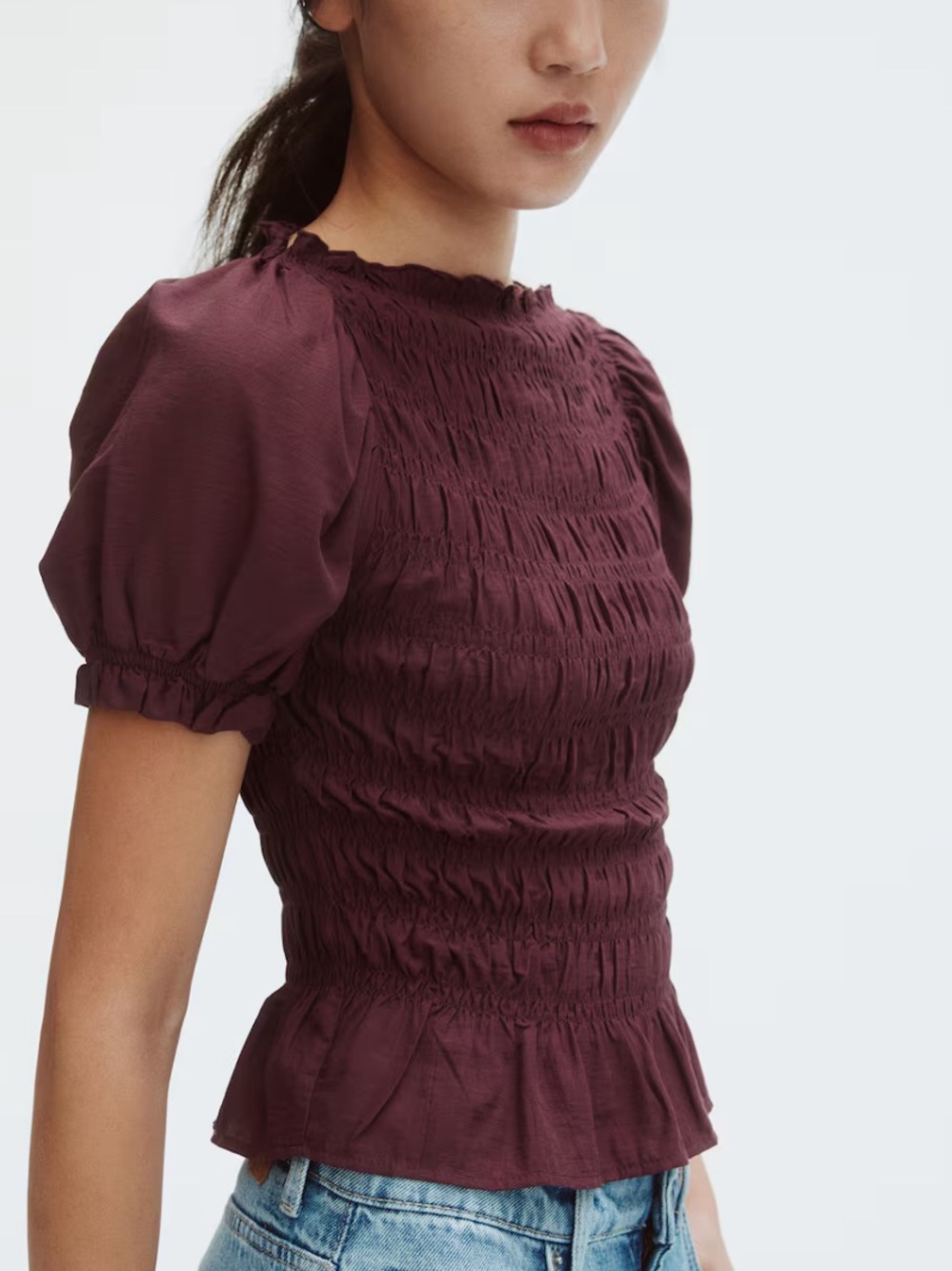 H&M Burgundy Smocked Puff Sleeve Blouse